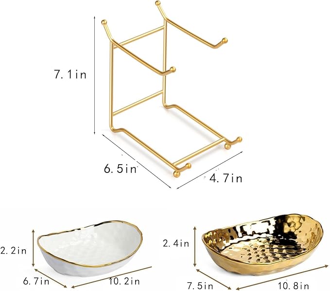 2-Tier Fruit Bowls for Kitchen Counter,Ceramic Bowl with Gold Metal Stand,2 Tier Fruit Basket for Fruit,Snack,Cake,Nuts,Dessert Space Saving Storage