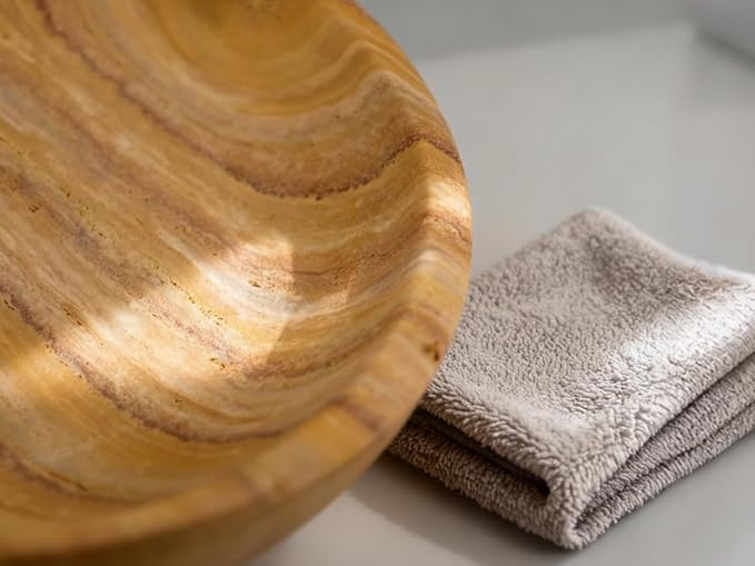 Handmade Travertine Bowl Unique Pattern Natural Stone Centerpiece Bowl, 7.8" Decorative Key & Fruit Bowl for Bohemian Home Decor Kitchen Counter Entryway & Office Jewelry Holder, Art Object