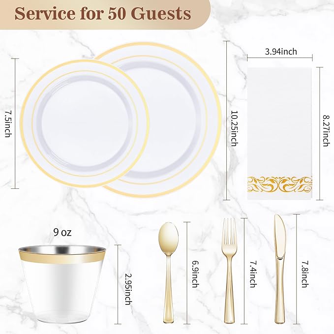 BESTVIP 350 PCS Gold Dinnerware Set for 50 Guests, Plastic Dinnerware Set for Party, Wedding, Christmas, Include: 100 Plastic Plates, 50 Gold Silverware, 50 Cups, 50 Paper Napkins