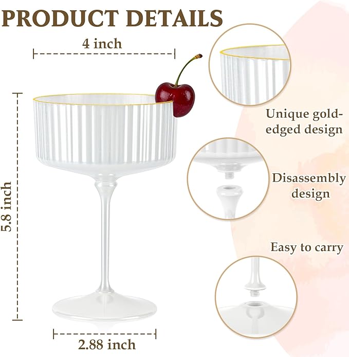 12 PCS Champagne Martini Glasses Pearl White 10 oz Espresso Martini Glasses Gold Rim Disposable Plastic Ribbed Coupe Glasses Vintage Cocktail Glass Champagne Coupe Cup For Wedding Anniversary