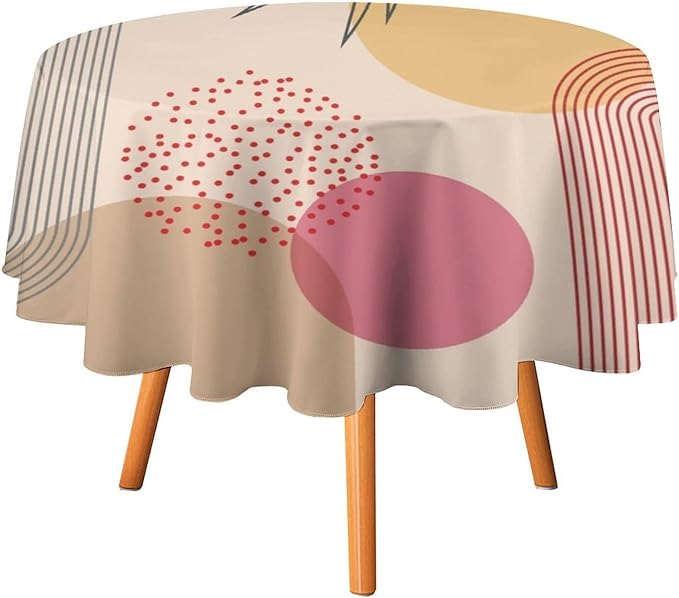 Mid Century Boho Round Tablecloth, Abstract Modern Sun Arch Curve Leaves Geometric Print Tablecloth for Home Party Dining Room Kitchen Decor 70Inch(178cm)