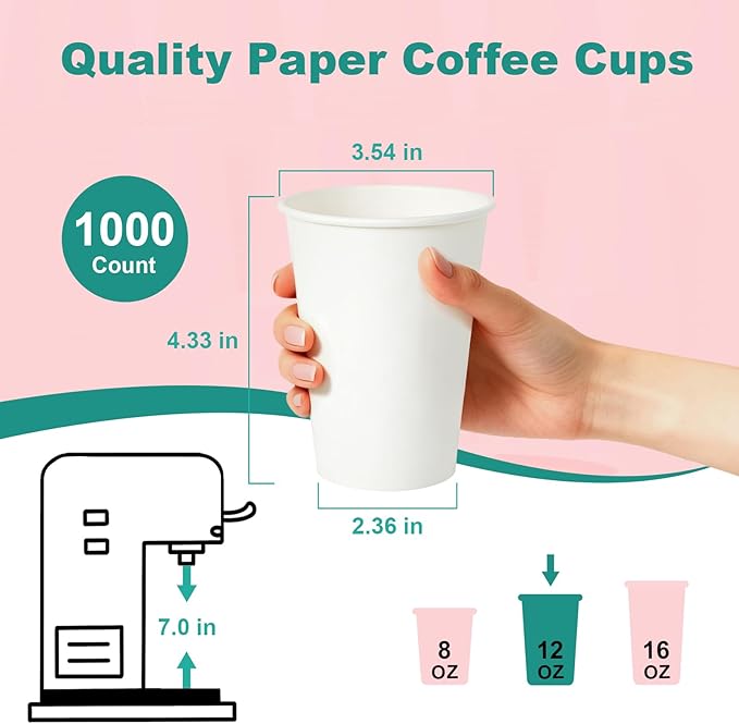 12 oz 500 Pack Disposable Coffee Cups, Bulk White Disposable Paper Cups, Coffee Cups for Hot Tea, Chocolate and Cold Drinks