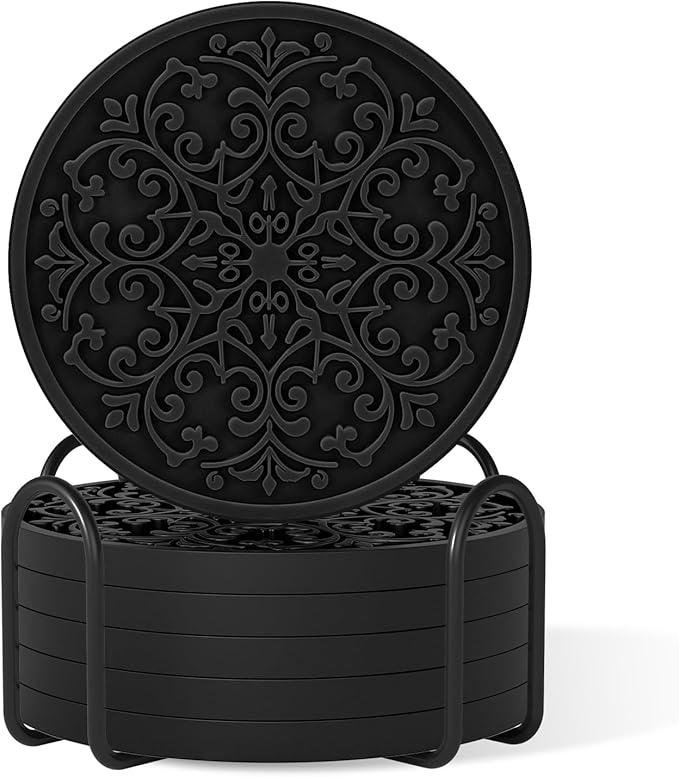Drink Coasters, Coasters Set of 6 for Cup with Holder, Non-Slip Silicone Cup Mats for Hot and Cold Drinks, Cute Absorbent Coffee Bar Accessories Table Decor, Black