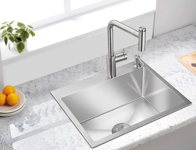 ROVATE 21.6-inch Drop-in Topmount Kitchen Sink, 304 Stainless Steel Kitchen Sink Single Bowl, Handmade Bar Sinks Overmount