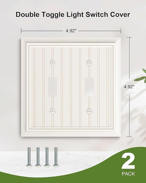 2-Pack Classic Beadboard Double Toggle Light Switch Cover Plate, Durable Natural Bamboo Fiber Decorative Switch Plate Covers, Light Almond 2 Gang Wall Plate