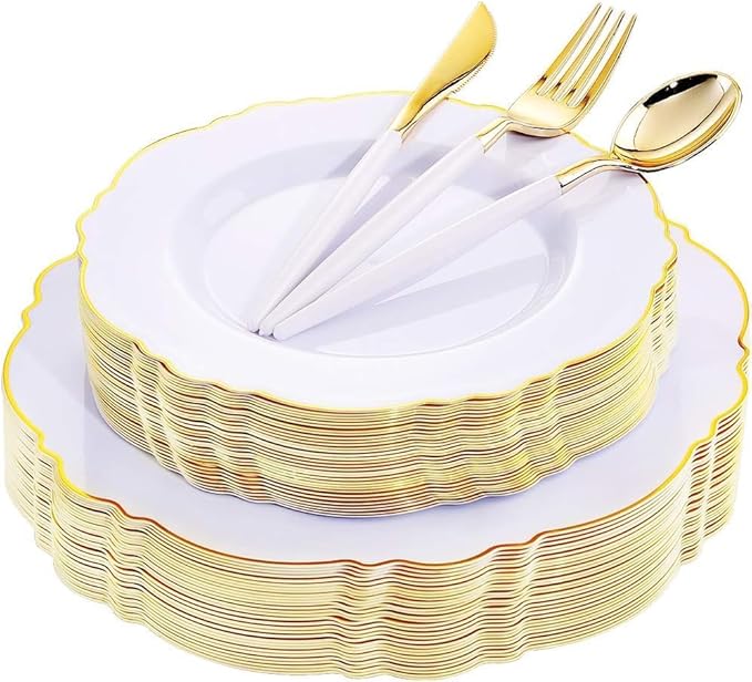 WDF 30Guest Gold Plastic Plates - High-end Baroque Design - 10.25&7.5in Wedding White and Gold Plates Disposable for Parties/Wedding/Valentine's Day
