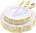 WDF 30Guest Gold Plastic Plates - High-end Baroque Design - 10.25&7.5in Wedding White and Gold Plates Disposable for Parties/Wedding/Valentine's Day