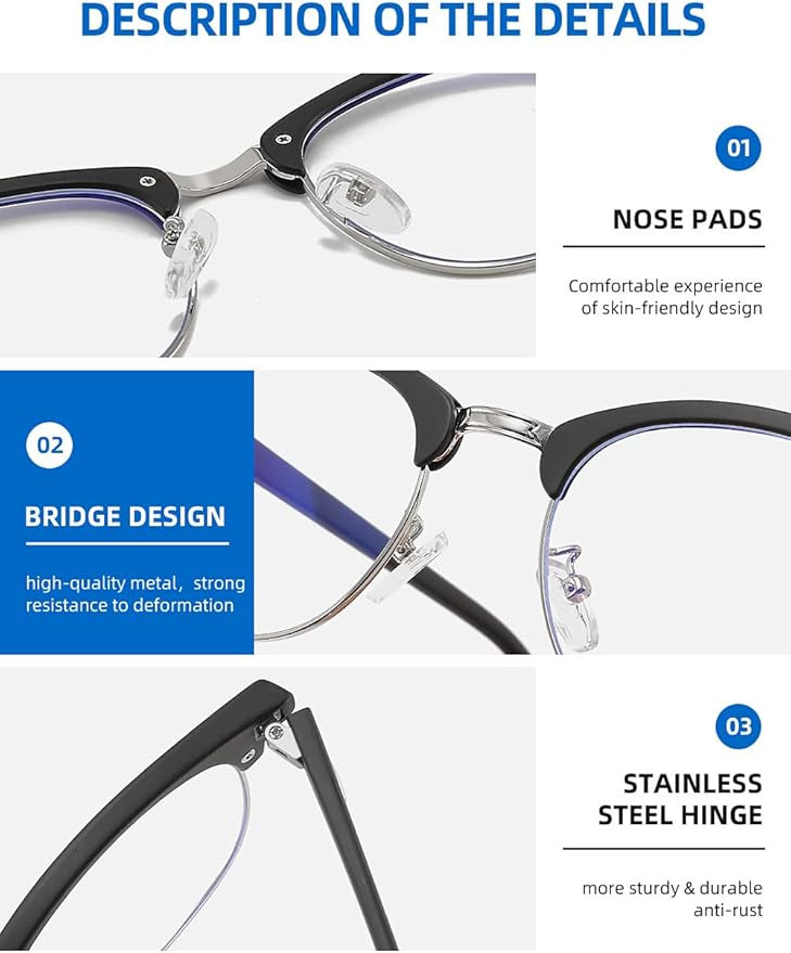 SOAR&EAGLE 3 Pack Blue Light Blocking Glasses,Computer Gaming Glasses,Retro Semi Rimless UV400 Clear Lens Computer Eyewear For Men/Women (Sand black silver/Wood grain gun/Crystal silver)