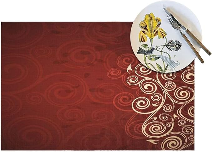 Burgundy Placemats Set of 4 Swirls Ivy Image Ombre Details Wipeable Table Mats Flower Art Reusable Washable Red Floral PVC Rectangle Place Mats for Kitchen Dining Home Decor 12x18 Inches