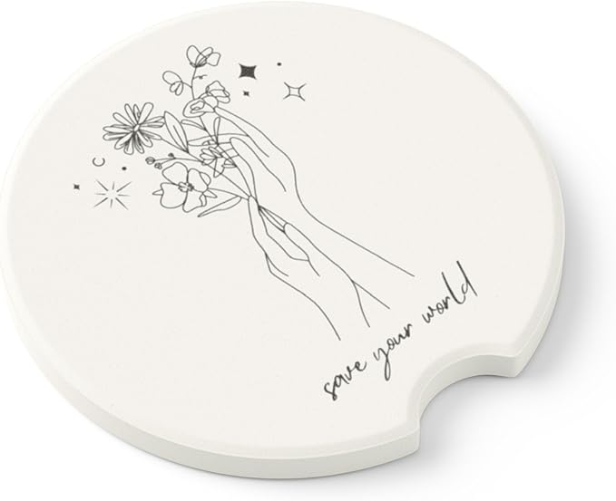 Absorbent Soapstone Car Coaster, Save Your World, Minimalist Black and White Floral Design, Ceramic Coaster