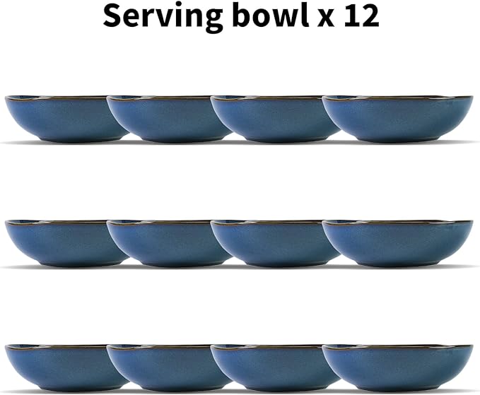 Organic Shape Highland Ceramic Serving Bowl, 12pcs 9 Inch Handmade Reactive Glaze Stoneware 40oz Bowl with Wavy Edge, for Kitchen, Microwave & Dishwasher Safe, Scratch Resistant-Blue