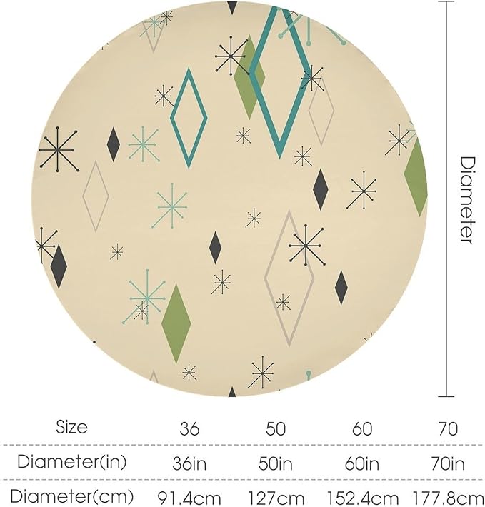 Colorful Middle Century Round Tablecloth, Vintage Bohemian Mid Century Modern Retro Print Tablecloth for Home Party Dining Room Kitchen Decor 36Inch(90cm)