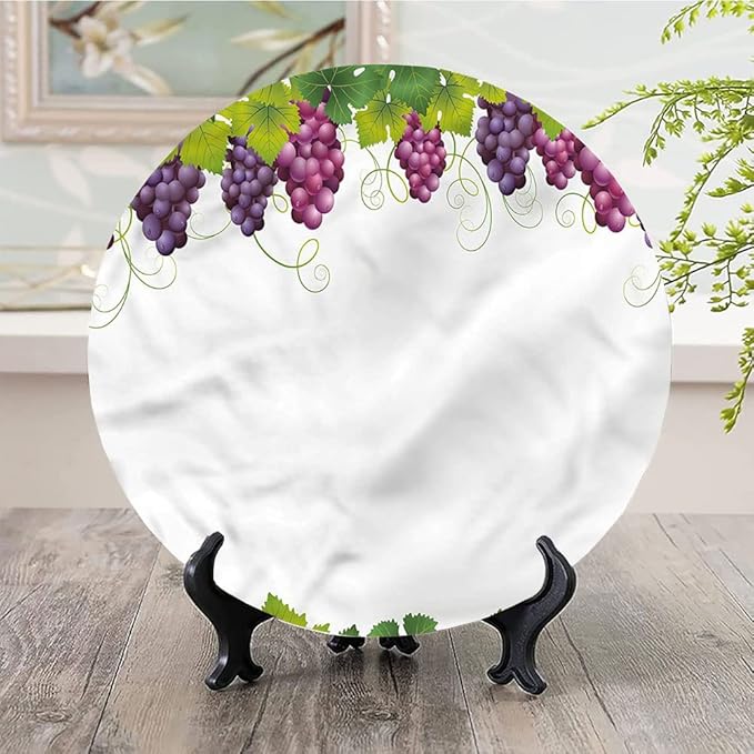 Ceramic Display Plate, Vineyard Ceramic Hanging Decorative Plate, Leaves and Ripe Grapes, 8 Inch, Living Room Kitchen Decoration Household, Multicolor
