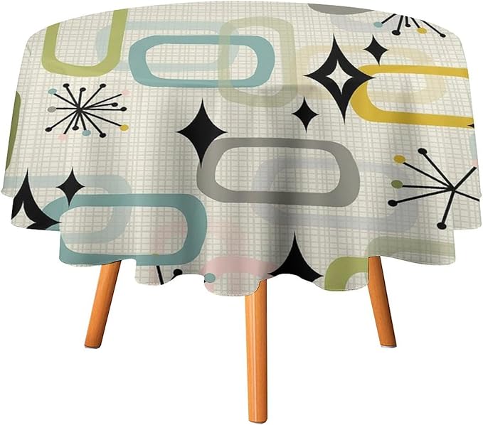 Mid Century Modern Round Tablecloth, Geometry Bohemian Retro Abstract Tablecloth for Home Party Dining Room Kitchen Decor 60Inch(152cm)