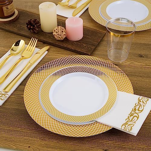 FOCUSLINE Gold Plastic Plates Set, 102 Disposable Plates with Gold Grid Rim - Image 3