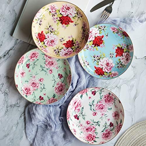 BTaT- Floral Dessert Plates Ceramic, Set of 4, 8 Inch, Assorted Colors with Golden Rim, Deep Porcelain Floral Plates Set of 4, Dishwasher Safe - Image 2