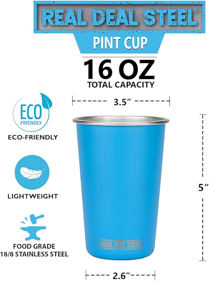 Real Deal Steel Party Pints: 16 oz Pint Cups, Stackable Tumblers, Eco Friendly Premium Metal Drinking Glasses