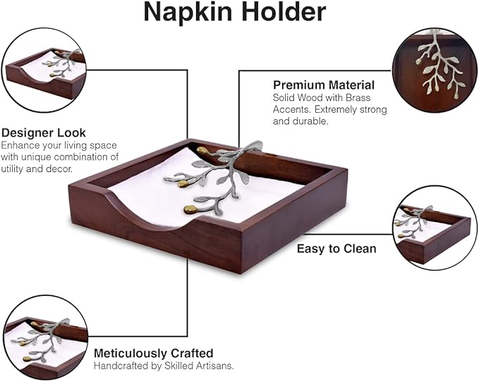 Napkin Holder - Solid Wood Brown Finish Home Decor & Kitchen Decor Table Countertop Serviette & Tissue Holder with Metal Ornament Arm in Silver Gold Finish - Indoor and Outdoor Use - Leaves Design