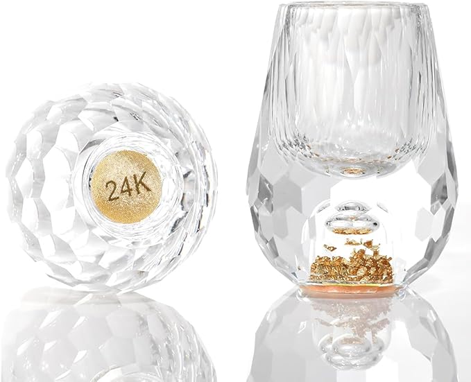 SIYOUKI Crystal Shot Glasses 0.5oz Set ，Decorated With 24K Gold Leaf Flakes, Lead-Free,Handmade Set Suitable For MaoTai,Spirits,Drinks Tastin, Gift-Box Packaging (Diamond-2PCS)