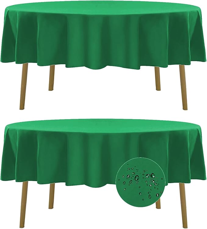Fokitut 2 Pack Waterproof Round Tablecloth, 60 Inch, Stain Resistant and Wrinkle Polyester Table Cloth, Fabric Table Cover for Kitchen Dining, Wedding, Party, Holiday Dinner-Emerald