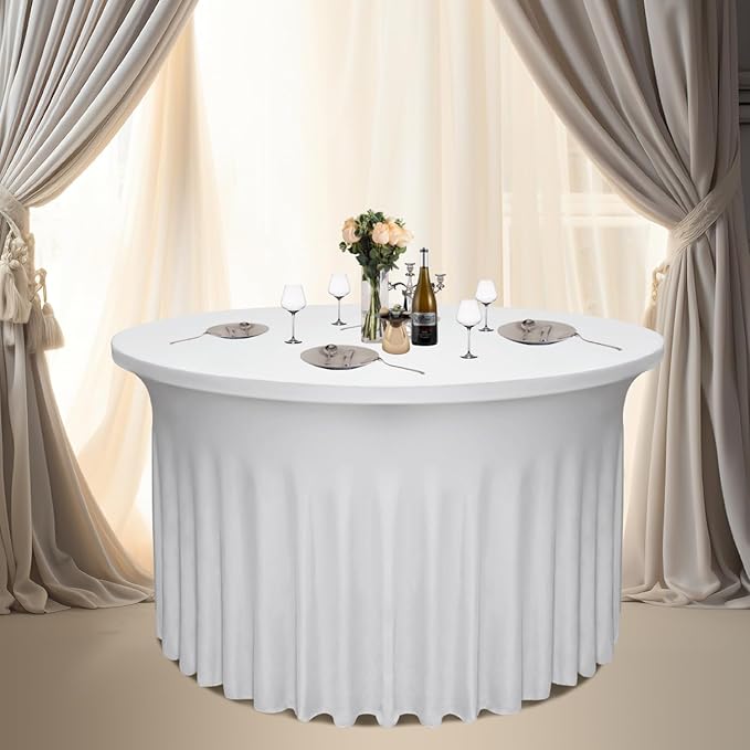 2 Pack 48" Diameter x 30" Height White Table Skirt | Fits 4FT Round Tables |Polyester Spandex Round Table Cloths with Skirt|Stain 、Wrinkle Resistant、 for Wedding,Party,Dining,Banquet