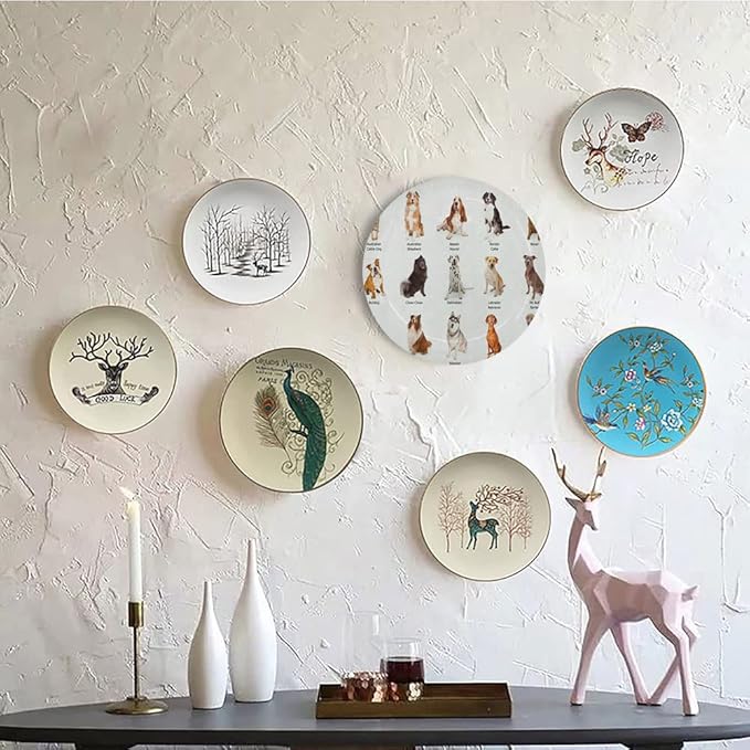 Ceramic Display Plate, Dog Ceramic Hanging Decorative Plate, AGroup of Different Puppy Breeds Family Type Species, 7 Inch, Living Room Kitchen Decoration Household, Multi