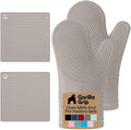 GORILLA GRIP BPA-Free Soft Silicone Oven Mitts and Pot Holders Sets of 4, Heat Resistant Waterproof Cooking Gloves, Thick Cotton Lining, Flexible Gripping for Baking Grilling, Kitchen Trivets, Almond