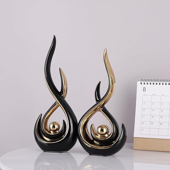 DOVDOV Ceramic Abstract 2 Piece Statue Set, Black and Gold Home Decor Accents for Home Decor Statue Mantelpiece on Unique Shelf Decor, TV Cabinet Divider Table top and Dining Table Centerpiece.
