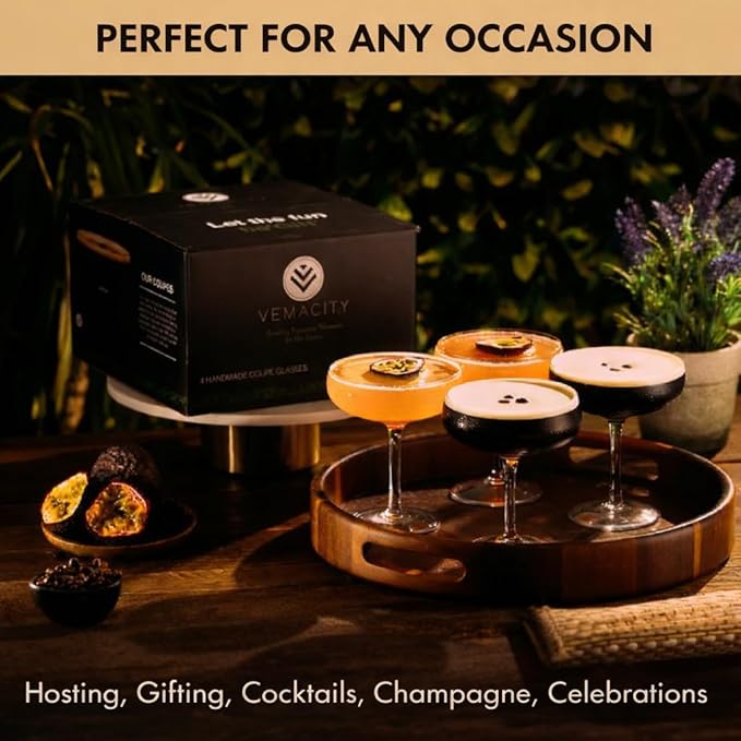 VEMACITY - Elegant Espresso Martini Glasses Set of 4 (10oz) - Classic Coupe Glasses for Martinis, Champagne, Margaritas | Handblown Crystal Cocktail Glassware | Ideal for Martinis and Cocktails