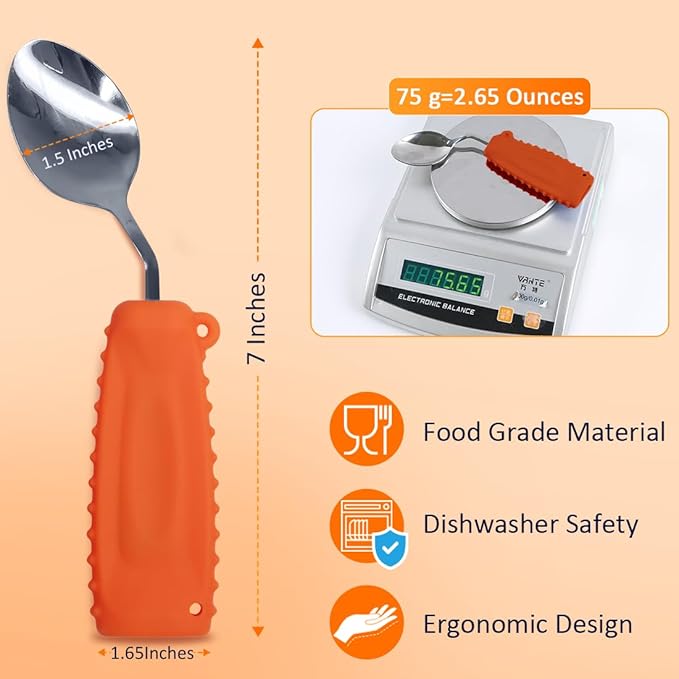 Adaptive Weighted Silverware Utensils Angled Spoon for Hand Tremors Parkinsons,Weighted Utensils with Non-Slip Easy Grip Handles for Independent Eating(Right Hand,Orange,Pack of 1)