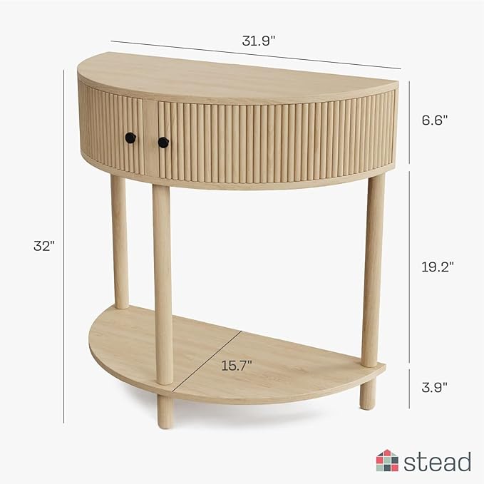 Fluted Half Moon Shaped Console Table, Small Entry Desk, Living Room Furniture, Modern Home Decor, Solid Wood Entryway Table with Two Doors and Black Knobs (Natural Oak)