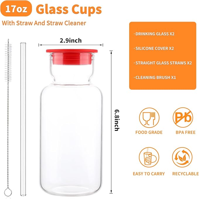 Glass Cup with Silicone Lid and Straw, 17 Oz Drinking Glasses Water Bottle Vintage Glassware for Iced Coffee, Juice, Cocktails, Whisky Tumbler for Gift 1 Pack