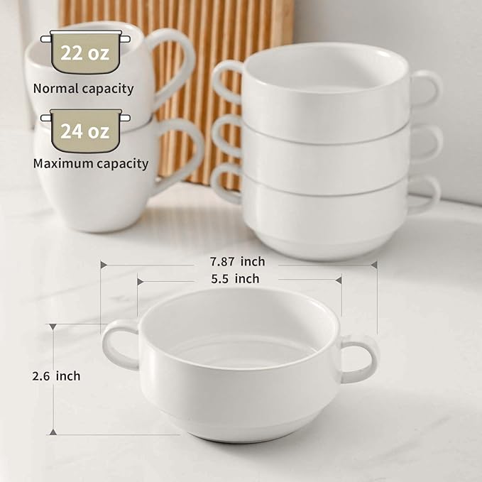 Soup Bowls, 22 oz French Onion Soup Bowls with Handles, Stackable Ceramic Bowls Set of 4, Dinner Bowls for Chili, Beef Stew, Soup, Cereal, Oven Microwave Dishwasher Safe, Matte White
