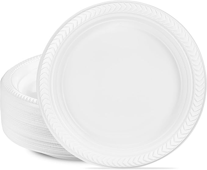 PLASTICPRO 200 PCS White Plastic Round 10'' Inch Plastic Plates Premium Quality Light Weight Disposable Plastic Dishes Dinner Plates for Parties Weddings