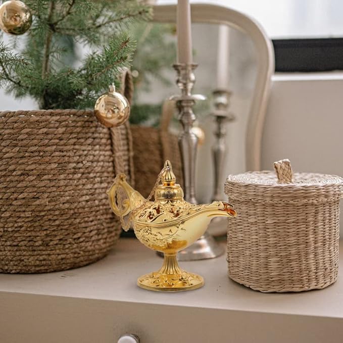 Mini Vintage Aladdin Magic Genie Lamp,Metal Wishing Light,Arabian Costume Props Lamp Tabletop Decor Crafts for Home/Wedding Decoration&Gift for Party/Halloween/Birthday (Gold)