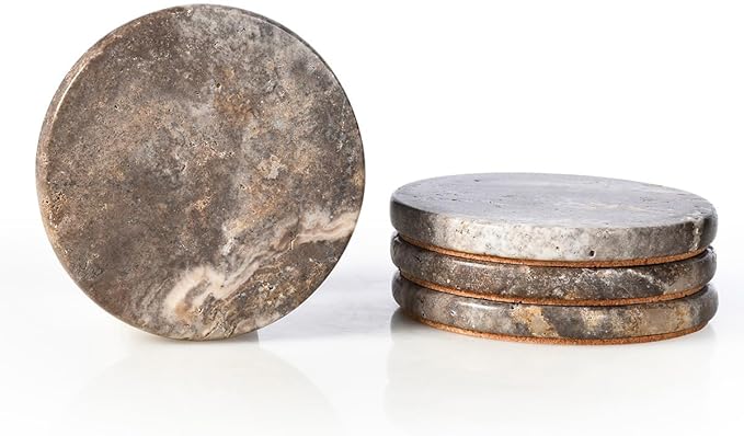 Natural Travertine Marble Coasters Set of 4, Round Gray Stone 4 Inch, Modern Drink Coasters for Home Decor, Coffee Table, Office