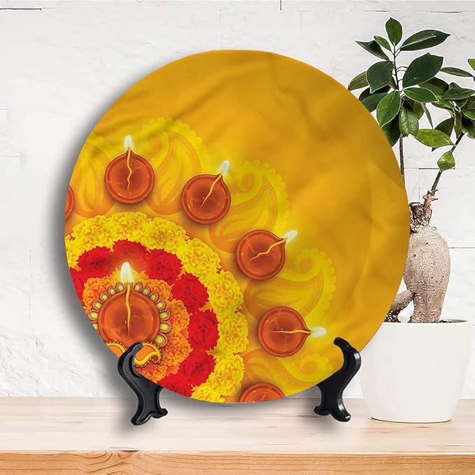 Decorative Plates, Diwali Print Ornament, Flowers Diwali Festive, 6 Inch, Kitchen Wall Decor, Multicolor