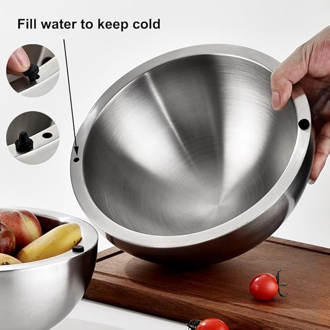 304 Stainless Steel Insulated Salad & Dipping Bowl, Two Hot/Cold Water Inlets to Keep Food Hot or Cold Suitable for Picnics, Salad Making and Dipping (70 oz)