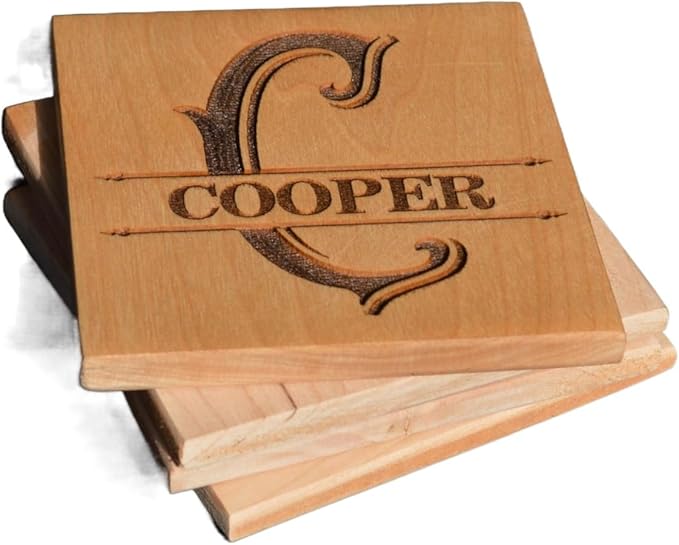Personalized Wooden Coasters with Monogram, Wedding Date Engraved, Family Name- Choice of Wood (Name Inside Initial)