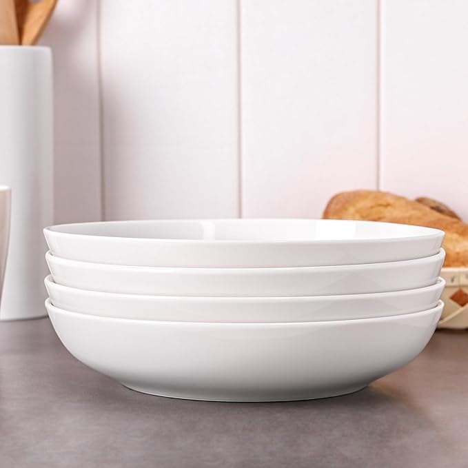DOWAN 9.75" Pasta Bowls Set of 4, Large Shallow White Ceramic Salad Bowls, 50oz Wide Dinner Bowls for Pasta, Soup, Salad & Stew, Microwave & Dishwasher Safe, Housewarming Gift(Soft White)