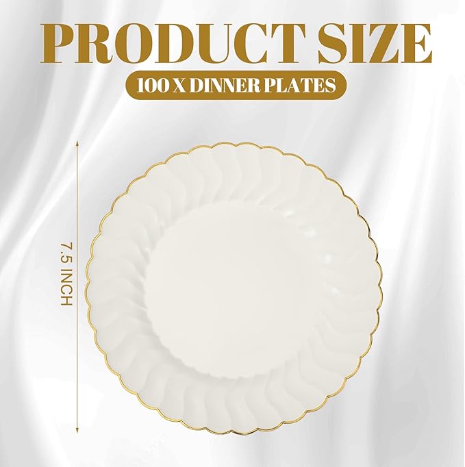 Mifoci 100 Pcs 7.5 Inch Ivory with Gold Rim Plastic Disposable Plates Bulk Salad Dessert Appetizer Cake Plates Elegant Fancy Plastic Tableware for Party Holiday, Wedding, Catering Table Decoration