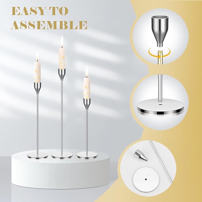 27 Pack Candles Holder, 9 Sets Taper Candlestick Holders Fit 0.75 Inch Thick Pillar Candles, Long Candle Sticks Centerpiece Decor for Home Wedding Dinning Party Anniversary(Silver)