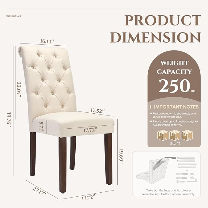 COLAMY Tufted Dining Chairs Set of 6, Accent Parsons Diner Chair Upholstered Fabric Stylish Kitchen Chairs with Solid Wood Legs, Beige