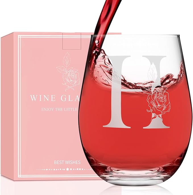 Valentines Day Gifts for Her, Gifts for Women Her Friend Mom Grandma Wife Sister Bridesmaid Nurse, Birthday Galentines Mothers Day Christmas, Personalized Initial Customized Wine Glasses 18OZ(H)
