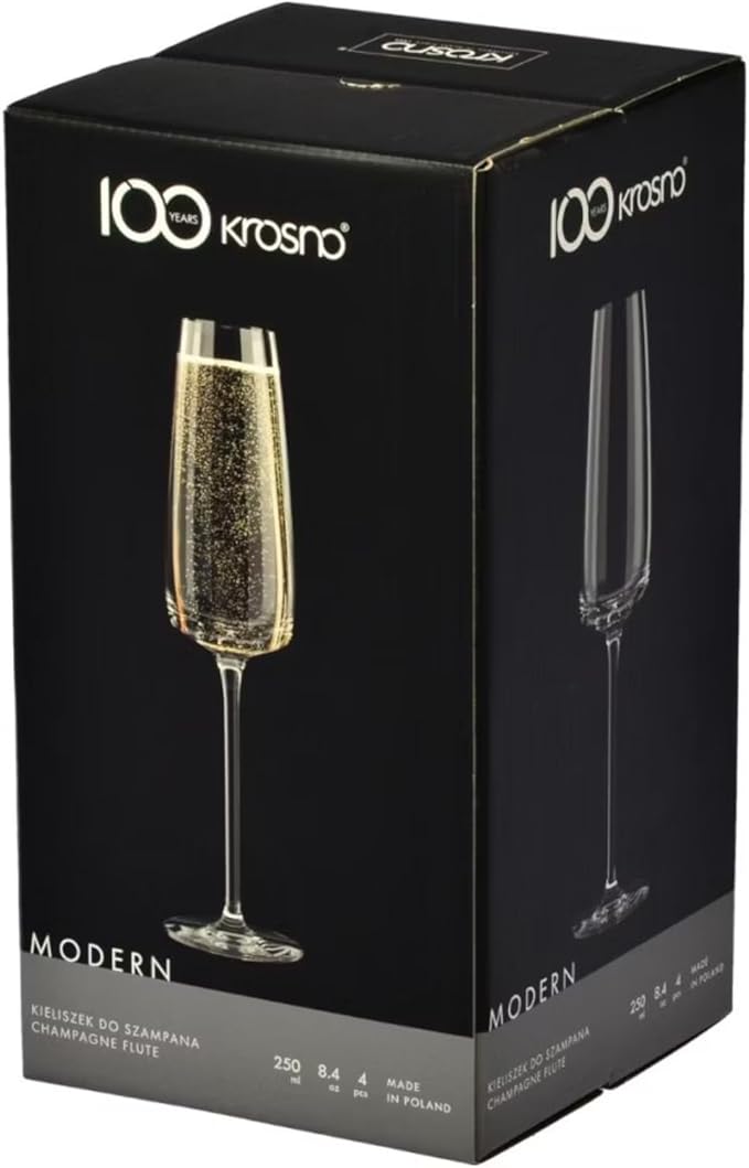 Krosno Modern Champagne Glasses, Set of 4, 7.4 Oz, Premium Crystalline Glass, Lead-free,Durable,Scratch-resistant, Ideal for Prosecco, Mimosas, Sparkling Wine, Scratch-resistant, Made in Europe
