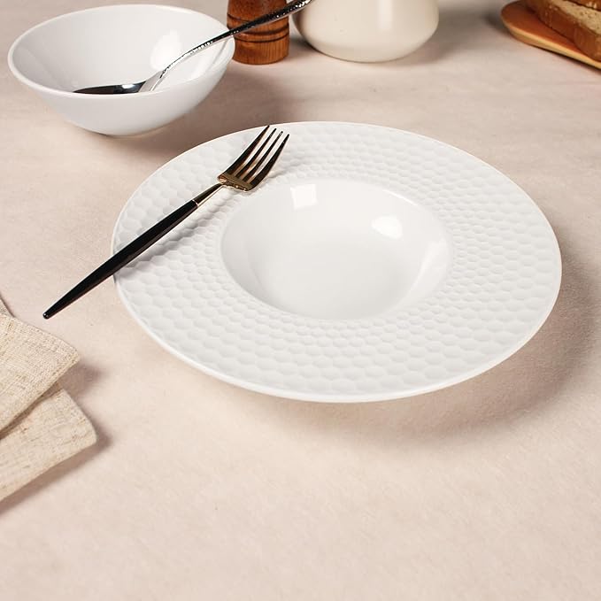 Creative home decor ceramic wide-rimmed soup bowls/plates, 10.5 oz pasta bowl four-piece set, white embossed bowls and plates with rims, ideal for upscale restaurants, hotels and gourmets, 11 inches.