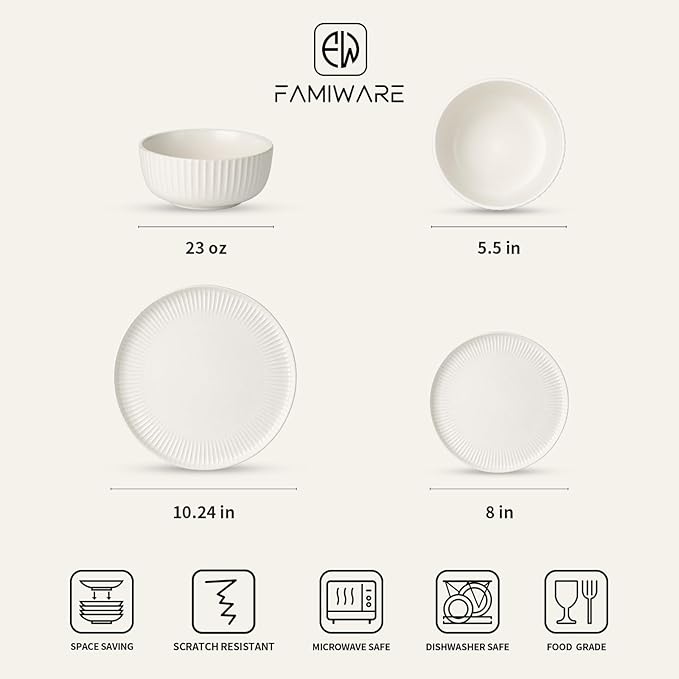 Famiware Starlight Plates and Bowls Dishes Set of 4 (12 Pieces), Ribbed Textured Stoneware Dinnerware Sets- Dishwasher & Microwave Safe, Chip Resistant, Matte Reactive White