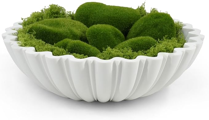 White Decorative Bowl Modern Home Decor - 10.6" Large Resin & Sandstone Centerpiece Bowl for Entryway Table, Coffee Table, Kitchen Counter or Serving Fruit, Keys, Includes 10PCS Artificial Moss Rocks