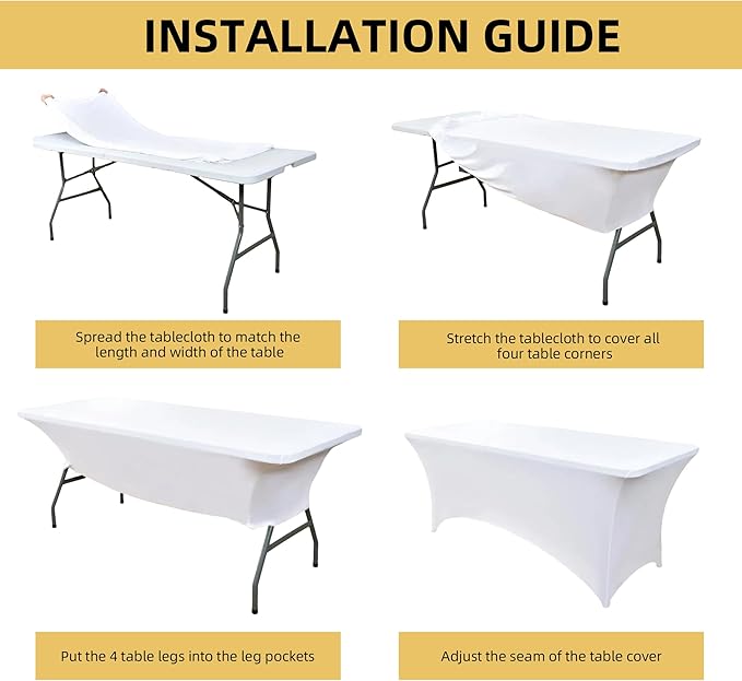 6-Pack 4ft White Spandex Table Covers for Rectangular Folding Tables - Wrinkle Resistant Stretch Tight Table Cloths - Ultimate Fitted Table Protector for Parties, Trade Shows, and Wedding