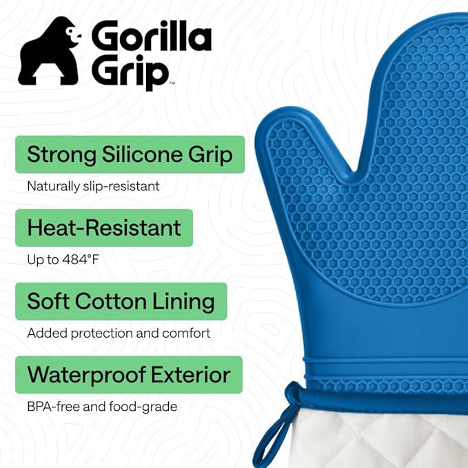 GORILLA GRIP BPA-Free Soft Silicone Oven Mitts, Heat Resistant and Waterproof Cooking Gloves, Thick Cotton Lining, Flexible Gripping for Baking Grilling, Kitchen Potholders Set of 2, 12.5x8.3, Aqua